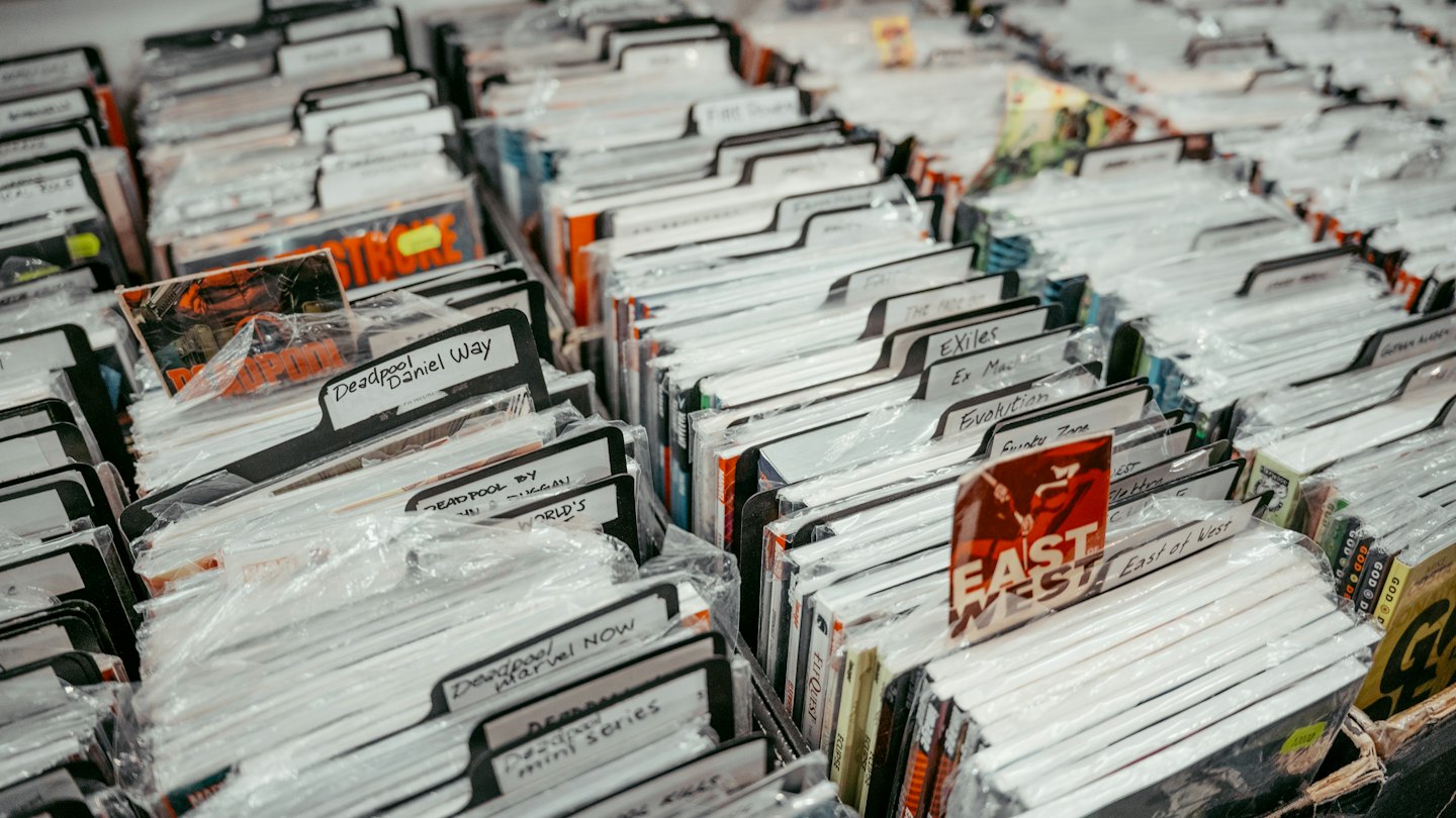 Comic books organized in plastic sleeves and boxes.